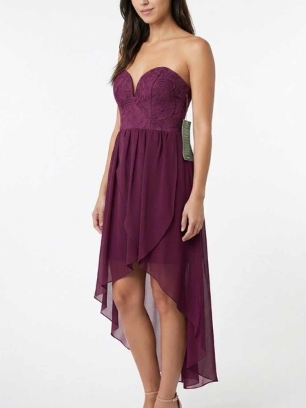 Strapless Lace Bodice High-Low Dress in Deep Burgundy